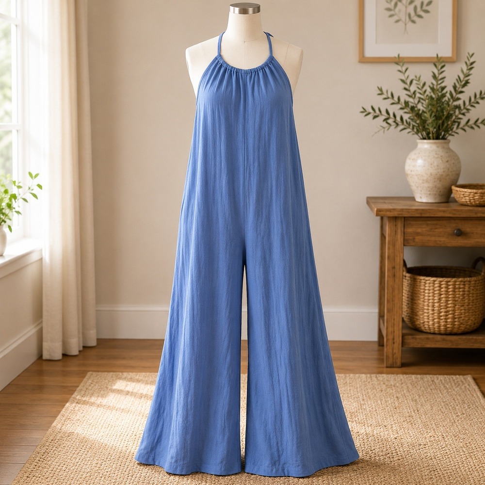 NWT Cupshe Jumpsuit Womens XL Blue Wide‎ Leg Adjustable Strap Chambray Romper